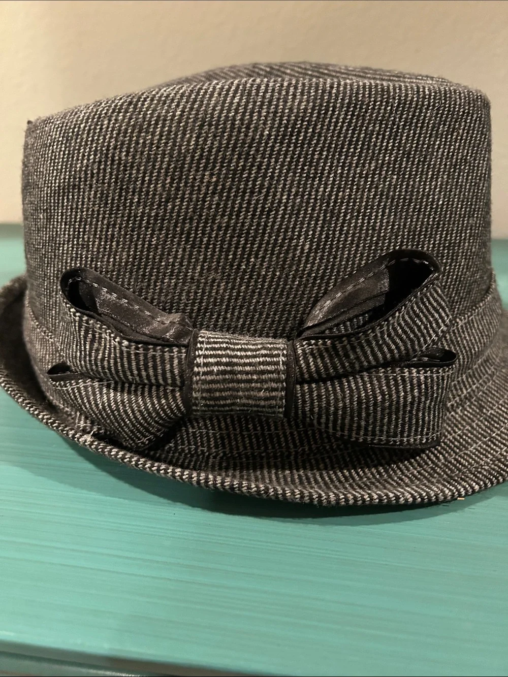 Striped Gray Bow Fedora Hat